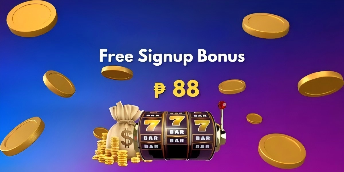 Free signup bonus banner with coins and a slot machine